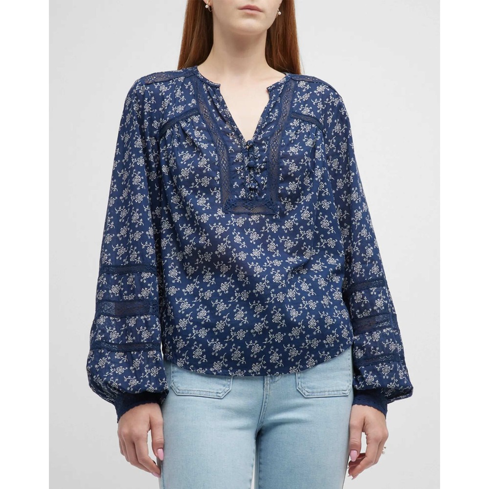 Veronica Beard Kent Floral Embroidered Top Navy Blue Cotton Blouse Boho Size 8